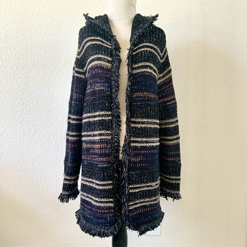FYLO London, Fringed Striped Hooded Cardigan - Black, Navy and Cream